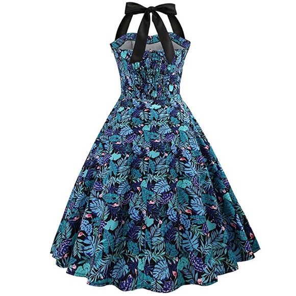 Plus Size Vintage Blue Smocked Pin Up Halter Dress - Picture 3 of 3